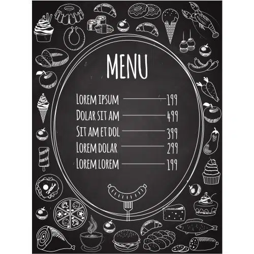 vector food menu written on chalkboard with food decoration on side 1 طرح شکل موج پر جنب و جوش آبی با زمینه سفید