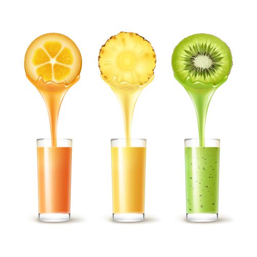 vector set pineapple kumquat kiwi slices with juice stream glass isolated white background 1 تصویر