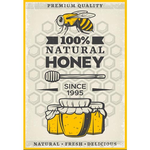 طرح وکتور پوستر زنبور - عسل طبیعی و ارگانیک - با زمینه 6 ضلعی لانه زنبوری