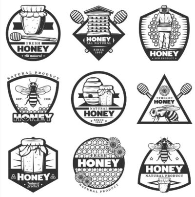 ست 9 عددی طرح وکتور لیبل روی شیشه عسل - کندو - زنبور دار شیشه عسل