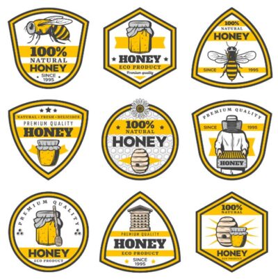مجموعه 9 تایی لیبل روی شیشه عسل زنبور - برچسب و مارک روی بسته بندی عسل