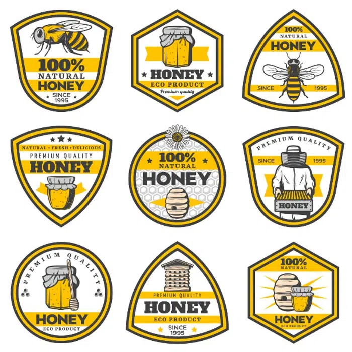 vintage yellow honey emblems set with inscriptions bee pots hive beekeeper honeycombs 1 1 مجموعه 9 تایی لیبل روی شیشه زنبور