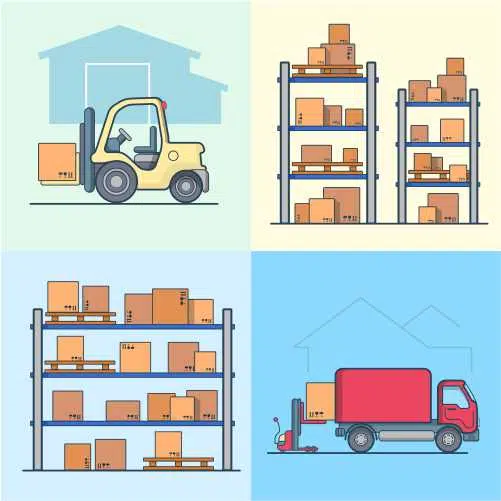 وکتور حمل و نقل های سنگین - تراک و کامیون 1 warehouse rack shelving loader box loading van set 1 وکتور حمل و نقل های سنگین - تراک و کامیون