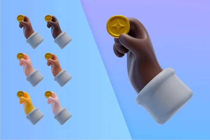 3d collection with hands holding cryptocurrency coin آیکون سه بعدی نمودار سکه های دلاری با فلش رشد