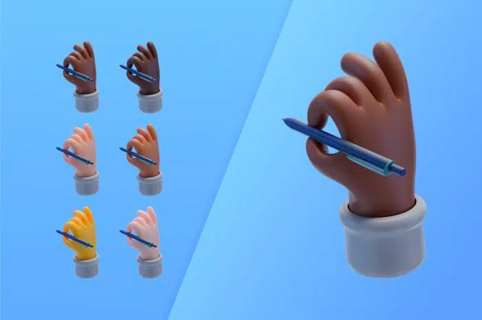 3d collection with hands writing with pen طرح