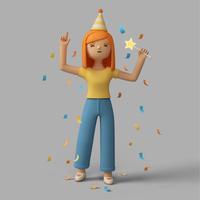 3d female character celebrating with party hat confetti موکاپ لایه باز استند شیشه ای