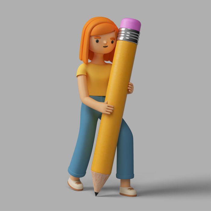 3d female character holding a pencil طرح وکتور کارت تخفیف فروشگاه
