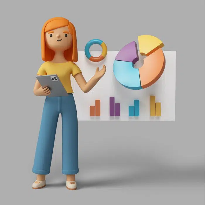 3d female character holding tablet pointing pie chart آیکون سه بعدی زن با چرخ دنده - تنظیمات