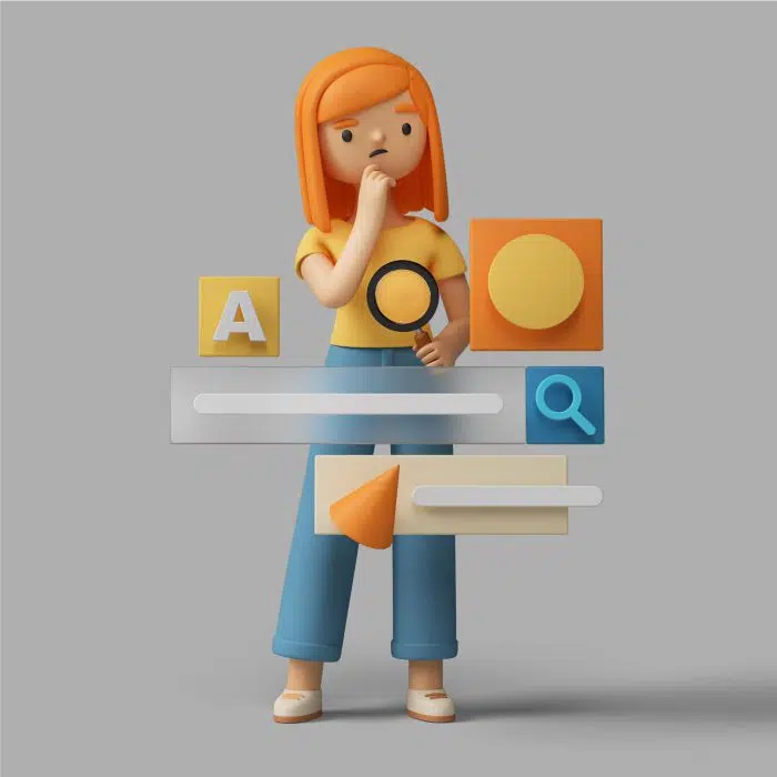 3d female character looking online with help search bar آیکون سه بعدی زن با چرخ دنده - تنظیمات