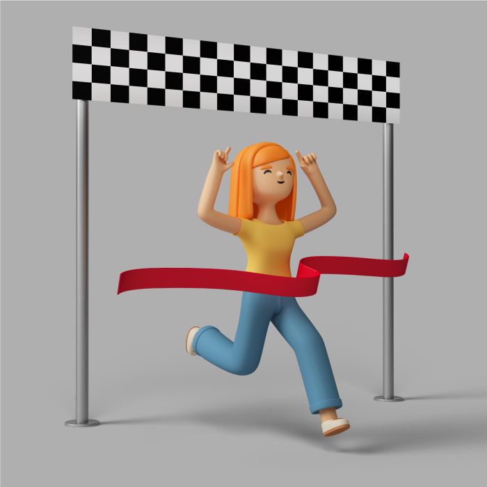 3d female character reaching finish line قرمز-مواج-با-زمینه-نیم تون