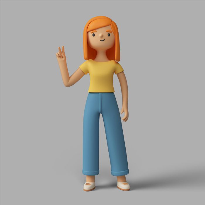 3d female character showing peace sign آیکون سه بعدی زن با علامت سوال