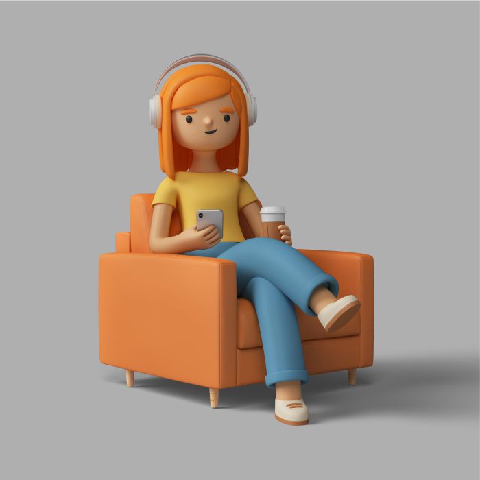 3d female character sitting chair with headphones cup coffee تصویر با کیفیت سه فلفل دلمه ای زرد سبز و قرمز