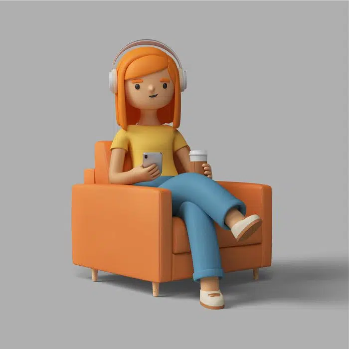 3d female character sitting chair with headphones cup coffee آیکون سه بعدی زن با چرخ دنده - تنظیمات
