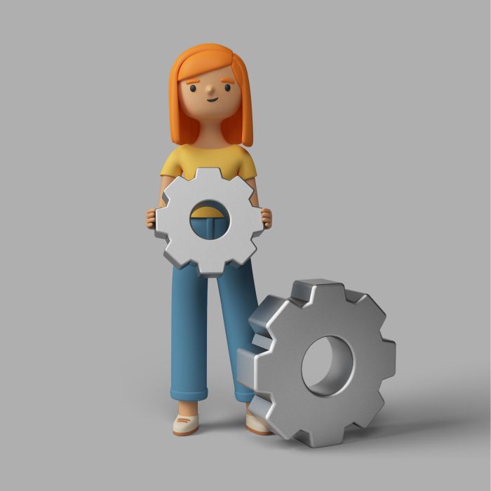3d female character with gear wheels آیکون ابر