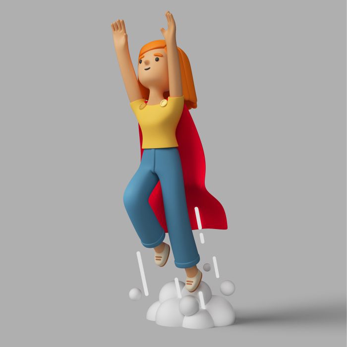 3d female character with superhero cape launching into flight