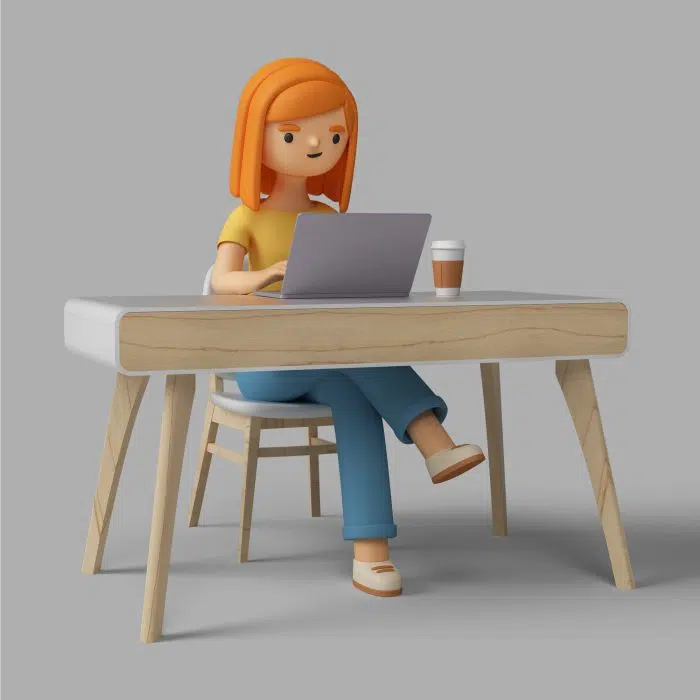 3d female character working desk with laptop طرح ایکون