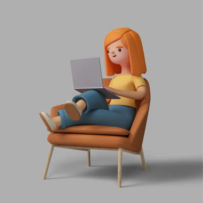 3d female character working on laptop while sitting in chair طرح ایکون