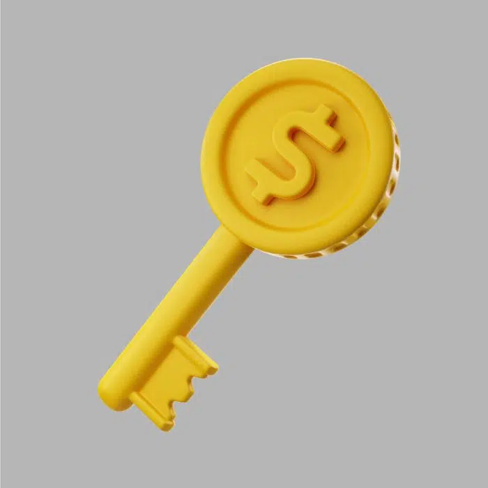 3d golden key with dollar coin آیکون سه بعدی نمودار سکه های دلاری با فلش رشد