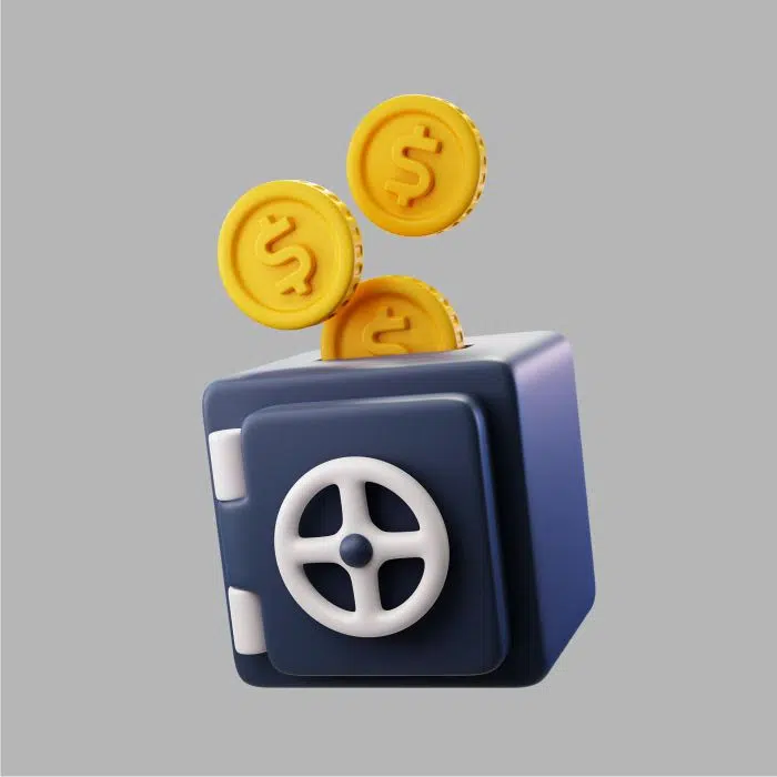 3d safe box with golden dollar coins آیکون سه بعدی نمودار سکه های دلاری با فلش رشد