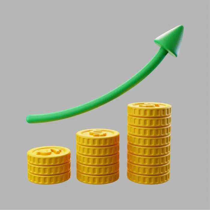 3d stacks dollar coins with growth arrow آیکون سه بعدی نمودار سکه های دلاری با فلش رشد