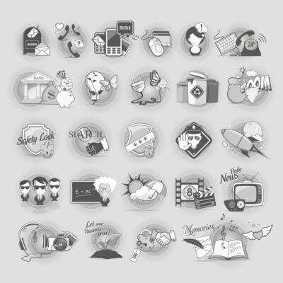 طرح وکتور آیکون های ارتباطی متفاوت - بانک - تلویزیون - تلفن