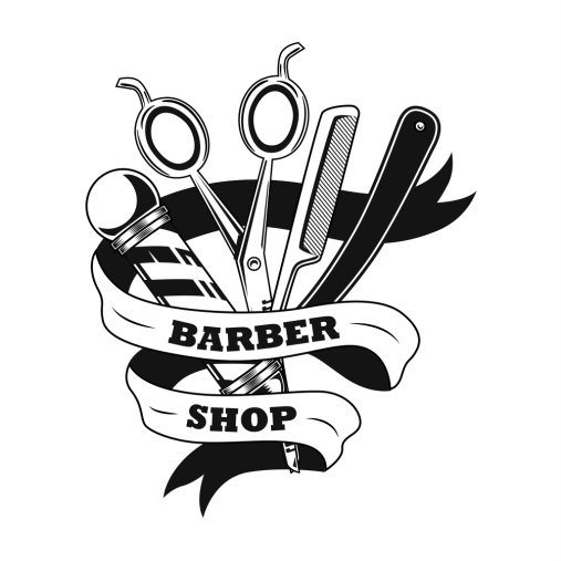 barber tools vector illustration scissors shaving razor pole ribbon with text sample 1 طرح وکتور قلیان - تنباکو - ماری جوانا - آیکون زغال سنگ