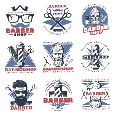 طرح وکتور لوگو آرایشگاه مردانه - سشوار شانه قیچی تیغ صورت در لوگو آرایشگاه مردانه