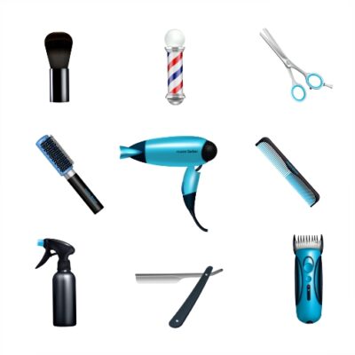 طرح وکتور ابزار آرایشگاه - اوازم جانبی  - قیچی - مو - لباس فرم - سشوار - شانه - جارو