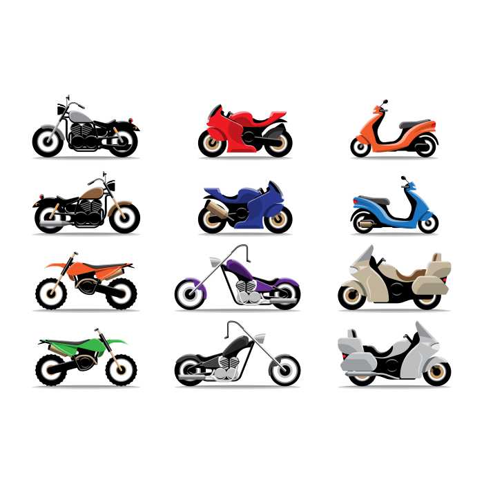 big isolated motorcycle colorful clipart set flat illustrations 1 طرح وکتور موتور سیکلت رنگارنگ - کلیپ آرت - ست تصاویر مسطح