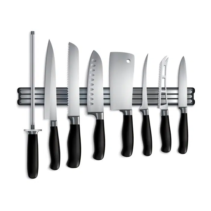 butchers knives set magnetic holder realistic illustration 1 ست وکتور چاقو آشپزخانه - قصابی - نمای نزدیک -واقعی - سرآشپز