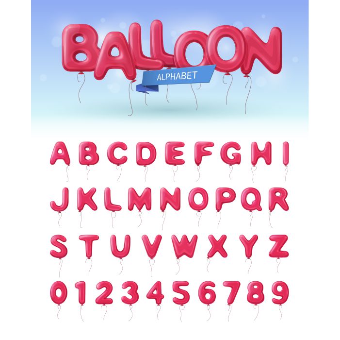 colored isolated balloon alphabet realistic icon set with pink abc numbers balloons 1