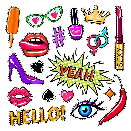 fashion pop art patches set 1 طرح وکتور 4 تایی آرایشگاه - لوگو باربر شاپ و بیوتی سالن