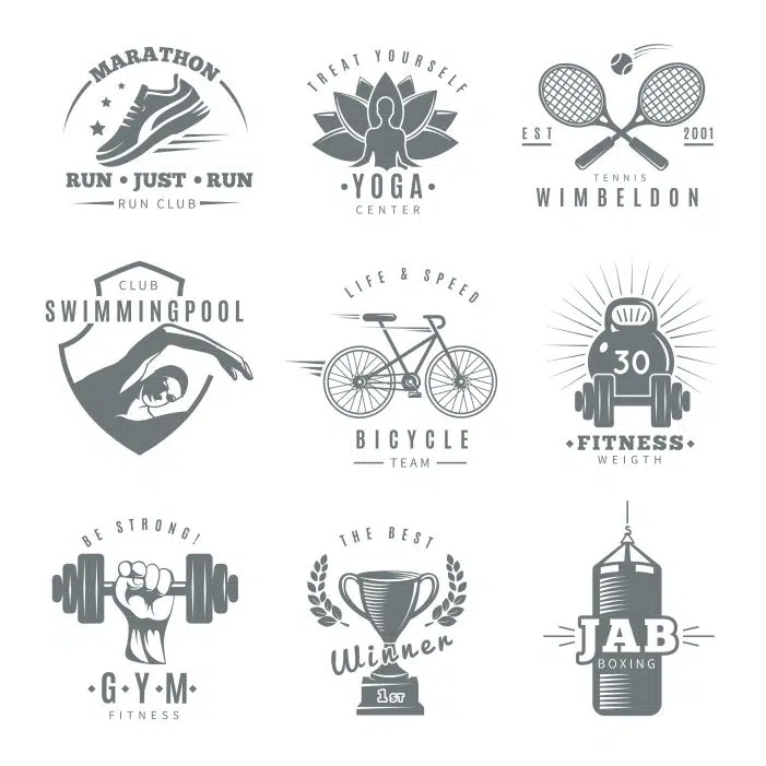gray isolated fitness gym logo set with marathon run club tennis wimbledon jab boxing descriptions 1 مجموعه بزرگ - نشان - بوکس - برچسب - جدا شده - سفید