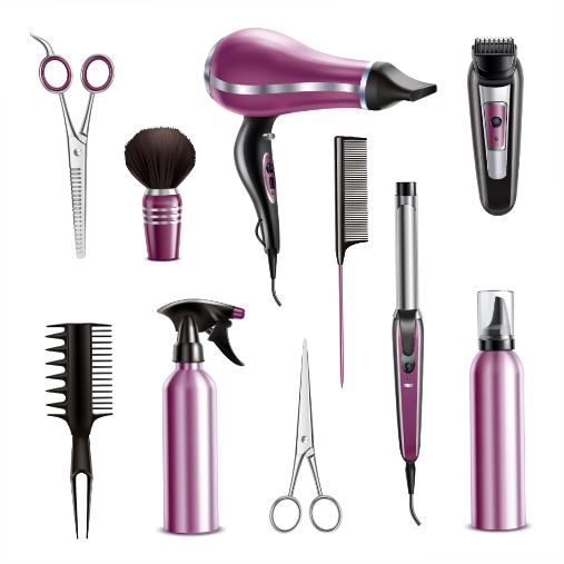 hairdresser tools realistic set with hairdryer combs scissors trimmer sprayer pump dispenser elec 1 طرح وکتور 4 تایی آرایشگاه - لوگو باربر شاپ و بیوتی سالن