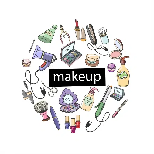 hand drawn cosmetics round with makeup products illustration 1 طرح وکتور 4 تایی آرایشگاه - لوگو باربر شاپ و بیوتی سالن