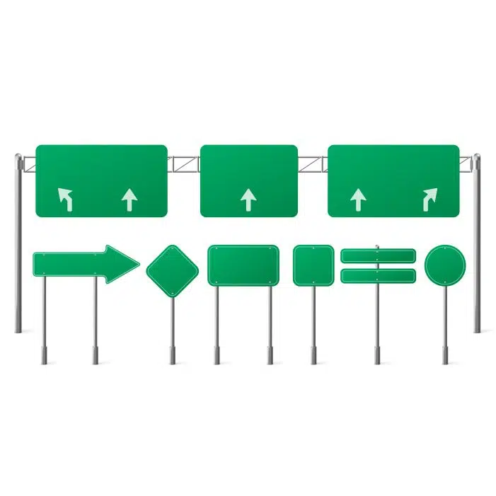 highway green road signs blank signage boards on steel poles for pointing city traffic direction 1 طرح بزرگراه - تابلو سبز - فلش ها و نشان دادن شهر جهت ترافیک
