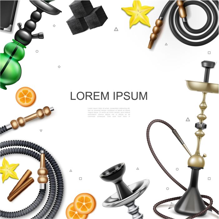 hookah colorful template with hookah accessories charcoal cubes orange slices star anise cinnamon sticks 1 ست 4 تایی آیکون های غذا قهوه میوه ها