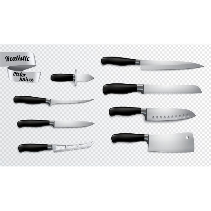 kitchen butchers knives set closeup realistic image with boning slicer carver chef cleaver clipping path 1 کلاسور-گیره-تصویر-کلیپ سه بعدی-واقعی-فلدور-تاشو