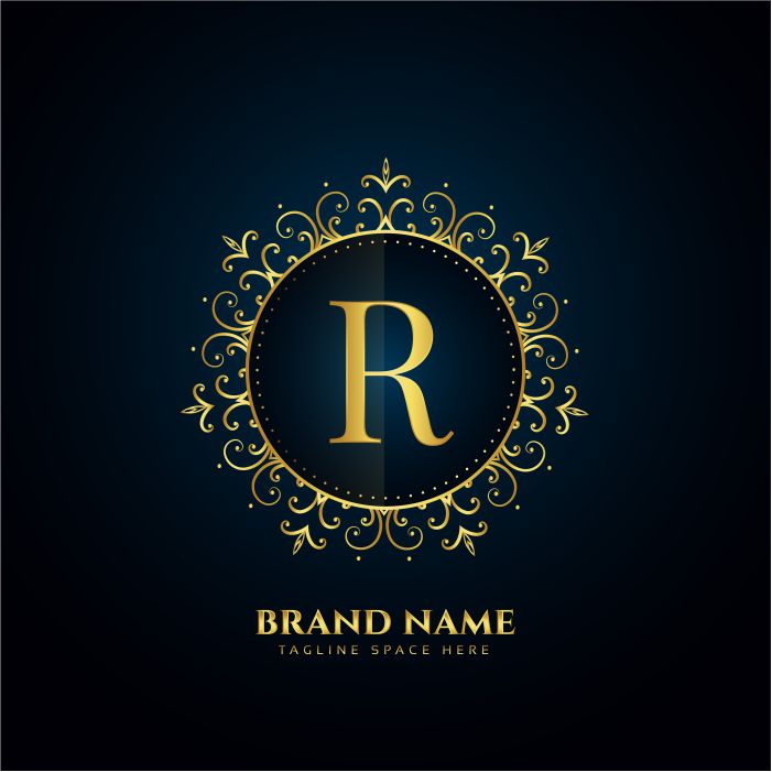 letter r logo concept with golden florals 1
