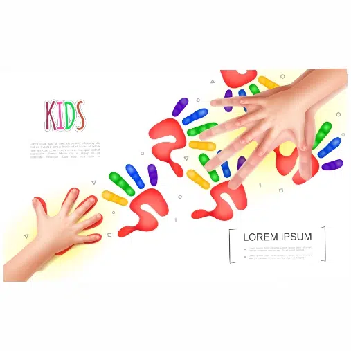 light kids hands concept with realistic mother baby hands colorful child handprints 1 انسان-دست-کار-با-تکنولوژی-شبکه-لپ تاپ