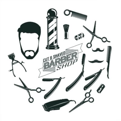 طرح وکتور لوازم آرایشگاه مردانه قیچی - تیغ - ماشین اصلاح - شانه