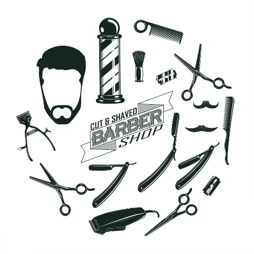 monochrome vintage barber shop elements concept 1 طرح وکتور لوازم آرایشگاه مردانه سبیل فرچه تیغ شانه ماشین اصلاح قیچی