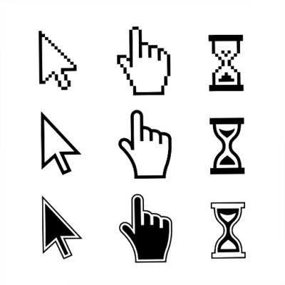 طرح ست وکتور - آیکون مکان نما - پیکسل - ماوس - دست - ساعت شنی