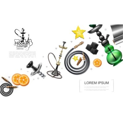 طرح وکتور واقعی عناصر قلیان - لوله قلیان - برش نارنج - زغال مکعبی - فویل - ستاره - انیسون