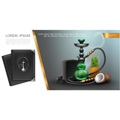 طرح وکتور واقعی قلیان -سالن - عناصر شیشه -زغال - جعبه-مکعب - آناناس - نارگیل - منو کاور