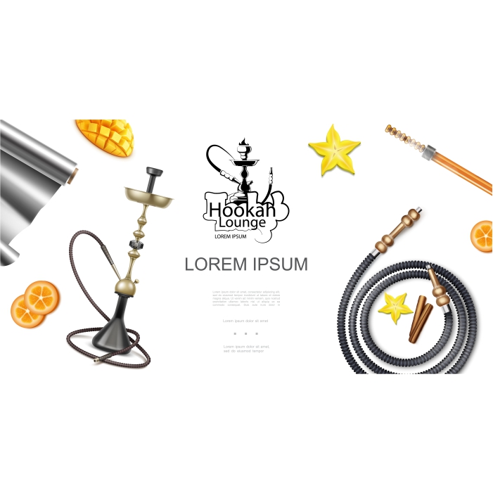 realistic hookah lounge elements template with shisha hookah pipes coals foil orange slices star anise 1 نئون-آیکون-قلیان-با-دو-شلنگ صورتی