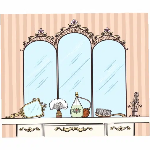 retro dressing table vector mirror hairbrush perfumes cosmetics furniture 1 عطر-بطری-صورتی-دود-مکاپ