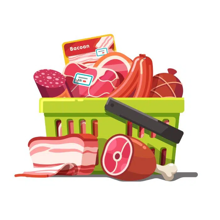 shopping basket full meat raw prepared 1 سوپرمارکت-لوگو-طراحی-با-سبد-سبز