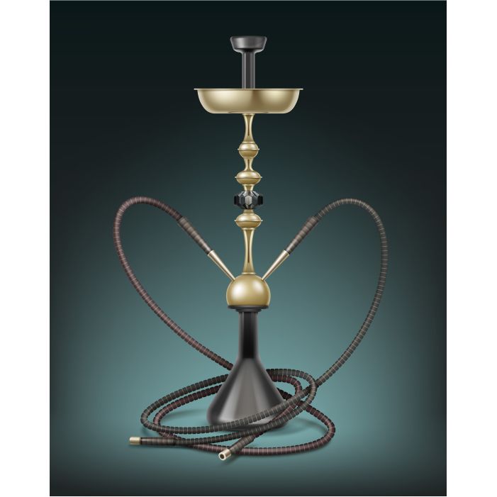vector big golden nargile tobacco smoking made metal with long hookah hoses isolated dark background 1