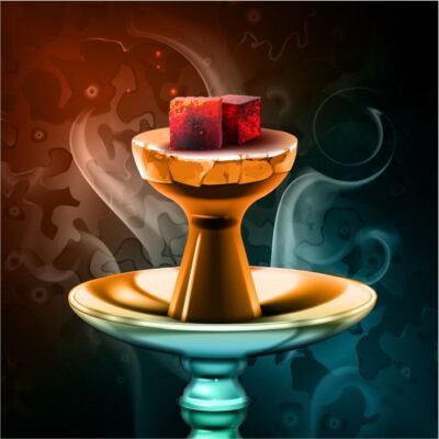 وکتور قلیان - ذغال سنگ داغ - شیشه کاسه بخار رنگارنگ - پس زمینه نمای نزدیک